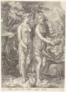 Dos de las ninfas de Diana junto a un arroyo Diana y sus ninfas (título de la serie) de Jan Saenredam