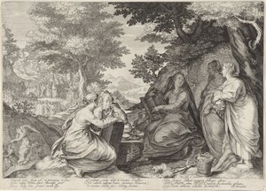 Cinco Vírgenes Sabias en un Paisaje con la Predicación de Juan Bautista Parábola de las vírgenes sabias y necias (título de la serie) de Jan Saenredam