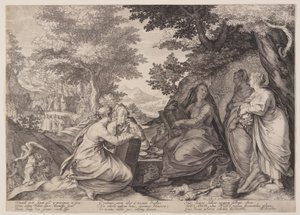 Vírgenes prudentes reunidas en un paisaje ante la predicación del Bautista, de la parábola de las vírgenes prudentes e insensatas de Jan Saenredam