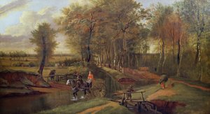 Paisaje Fluvial Boscoso con Figuras, Caballo y Carro, 1692