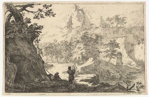 Paisaje con ruinas de un castillo en una colina de Jan Smees