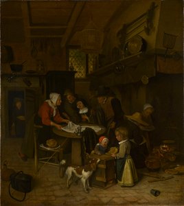 Escena en una cocina campesina con una sirvienta tendiendo la ropa de Jan Steen