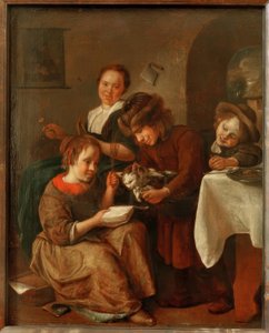 Niños enseñando a leer a un gato de Jan Havickszoon Steen