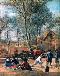 Jugadores de bolos fuera de una posada de Jan Steen