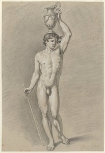 Desnudo masculino de pie con un jarrón en la cabeza