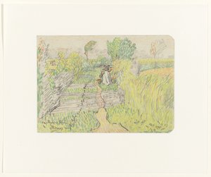 Campesina con yugo con cubos de leche sobre los hombros, caminando por un campo de maíz de Jan Toorop