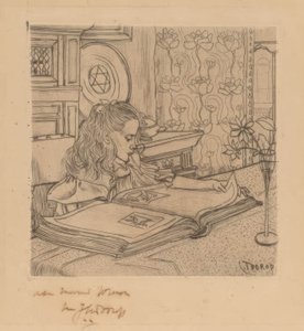 Charley mirando un álbum de grabados de Jan Toorop