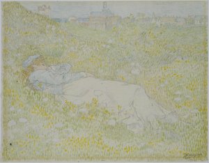 Mujer tumbada en las dunas cerca de Noordwijk
Chica tumbada en la hierba con la silueta de Noordwijk al fondo de Jan Toorop