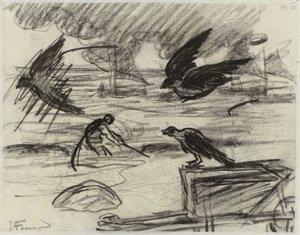 Paisaje marino con pescador, en primer plano una carretilla con pájaros de Jan Toorop