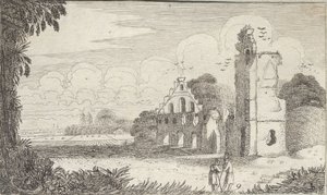 Paisaje con una iglesia en ruinas y dos pastores conversando de Jan Van de Velde
