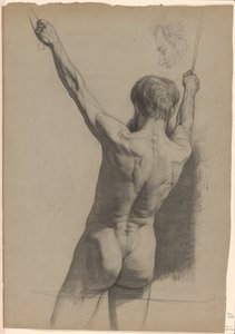 Hombre desnudo de pie con los brazos levantados, visto desde atrás de Jan Veth