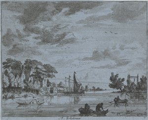 Negocios en un río Te, colegial (título sobre objeto) Paisajes del área de Haarlem (título de la serie) Gesigten fuera de Haarlem, Hecho por. JVV (título de la serie en el objeto) de Jan Vincentsz. van der Vinne