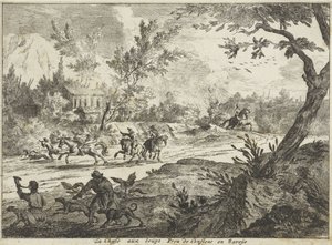 Caza de lobos en Conflans, Saboya La Chasse aux Loups Prez de Conflans en Savoije (título sobre el objeto) Rostros en Saboya (título de la serie) de Jan Vincentsz. van der Vinne