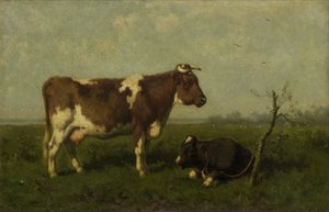 Una vaca con su ternero en un prado de Johannes Martinus Vrolijk