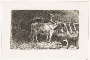 Granjero entre dos vacas en un estante en un establo (variante pequeña) de Johannes Martinus Vrolijk