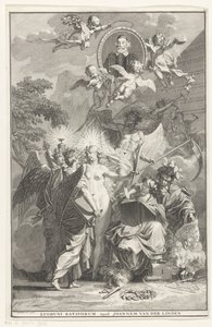 Portada alegórica con el retrato del escritor Edward Simson Página de título para: Edward Simson, Chronicon historiam catholicam complectens, 1729 de Jan Wandelaar