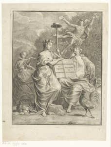 Personificaciones de los Países Bajos austriacos y Francia Diccionario holandés y francés / Dictionnaire Flamand et François (título sobre objeto) Página de título para: François Halma, The large French and Nederduitsch dictionary, 1761 de Jan Wandelaar