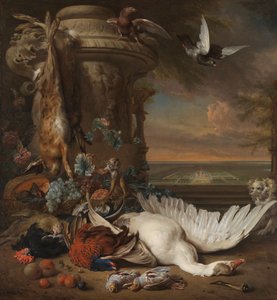 Bodegón de caza y frutas junto a un jarrón de jardín, con un mono, un perro y dos palomas, en la distancia Rijksdorp, cerca de Wassenaar, sede de Jacob Emmery, barón de Wassenaar de Jan Baptist Weenix