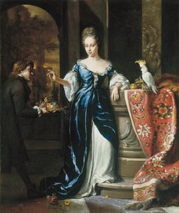 Retrato de Lodewina Schey con un vestido azul, con un asistente portando flores