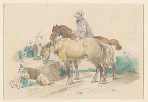 Granjero con dos caballos cerca de un abrevadero de Jan Weissenbruch