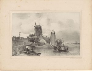 Vista del río con velero y molino