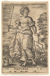 Justicia, una figura alegórica sosteniendo una balanza en su mano izquierda y una espada en su mano derecha, 1579 de Jan Wierix