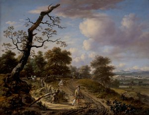 Un paisaje de colinas con un grupo de halcones de Jan Wijnants