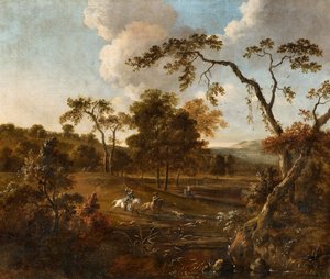 Paisaje con colinas y caza del ciervo de Jan Wijnants