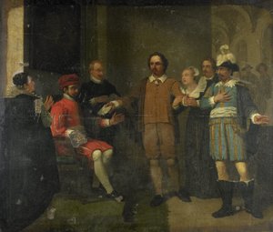 Jacob Simonsz de Rijk consigue que el gobernador general español Requesens libere a Marnix van Sint Aldegonde, 1575 de Jan Willem Pieneman