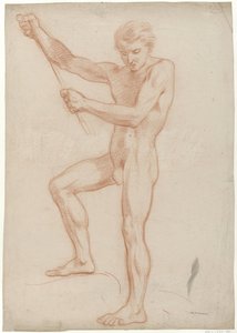 Hombre desnudo de pie, sosteniendo un bastón con los brazos levantados de Jan Willem Pieneman