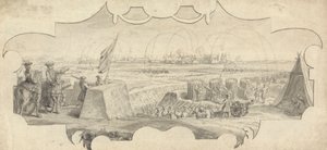 Un oficial sobre una muralla dirigiendo el bombardeo de una ciudad lejana