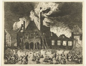 El antiguo Ayuntamiento de Ámsterdam en llamas de Jan de Baen