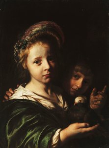 Una niña sosteniendo una paloma y un niño gesticulando de Jan de Bray