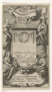 Cuatro figuras alrededor de un marco con vistas a Dordrecht Página de título para: Dordrechtsche Arcadia, 1701 de Jan de Jonge