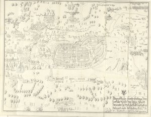 Asedio y captura de Deventer, 1578 Waerafftighe afconterfeitinge der loeflike Keyser free Anze Stadt Deventer En qué ghestalt que es Belgert onde Beschaten Ao. 1578 (título sobre el objeto) de Jan de Lange (II) (signed by artist)