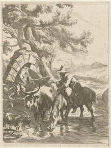 Pastor y niño empacado junto a un arroyo Paisajes con animales (título de serie) Diversa Animalia (título de serie sobre objeto)