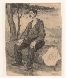 hombre que sienta, en, tronco de árbol de Jan de Waardt (signed by artist)