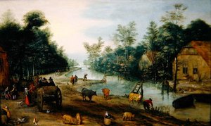 Paisaje fluvial arbolado en verano con viajeros llegando a una posada