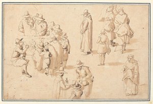 Una fuente en Spa con estudios de figuras elegantes tomando las aguas y de dos monjes y un sacerdote de Jan the Elder Brueghel
