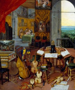 Detalle auditivo que representa instrumentos musicales (violonchelo, violín, laúd, flauta, clavecín) de Jan the Elder Brueghel