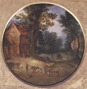 Paisaje flamenco con carros y figuras de Jan the Elder Brueghel
