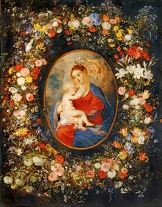 La Virgen, el niño Jesús y ángeles en medio de una guirnalda de flores. Medallón de Rubens ...