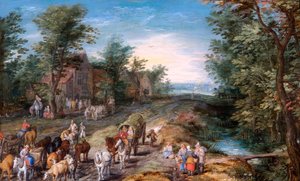 Escena de carretera con viajeros y ganado, c.1611 (óleo sobre tabla de roble) de Jan the Elder Brueghel