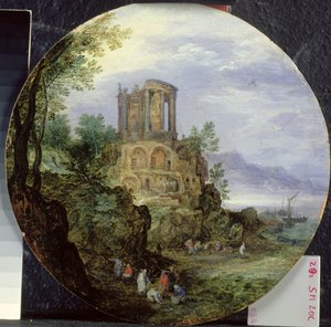 Paisaje de la costa sur con el Templo de Vesta en Tívoli