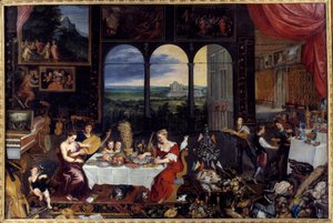 El gusto, el oído y el tacto. Alegoría de los cinco sentidos. La comida de una familia rica: aves y mariscos componen el menú del banquete. Pintura de Jan I Brueghel de Jan the Elder Brueghel