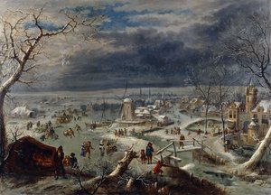 Un paisaje invernal con patinadores en un canal congelado junto a un pueblo, un cazador en primer plano, Amberes al fondo