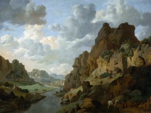 Holandés: Paisaje montañoso con viajeros descansando Paisaje rocoso. de Jan van Aken