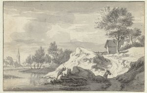 Paisaje con figuras cortando leña a orillas de un río de Jan van Aken