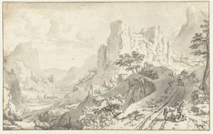paisaje de montaña con viajeros en un camino de Jan van Aken