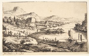 Paisaje fluvial con usuarios de la carretera, a la derecha una barcaza y dos botes de vela de Jan van Almeloveen